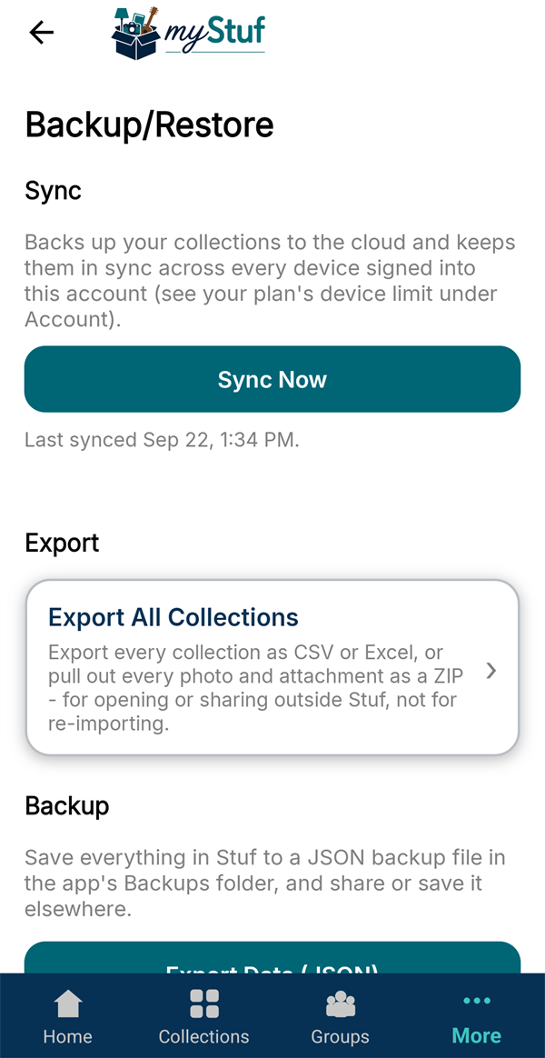 The Backup/Restore screen: cloud sync with a last-synced time, CSV and Excel export, and a JSON backup