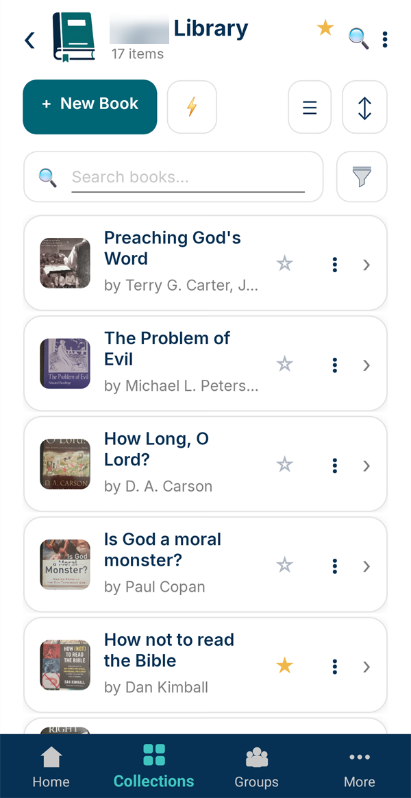 A Books collection with cover photos, titles and authors