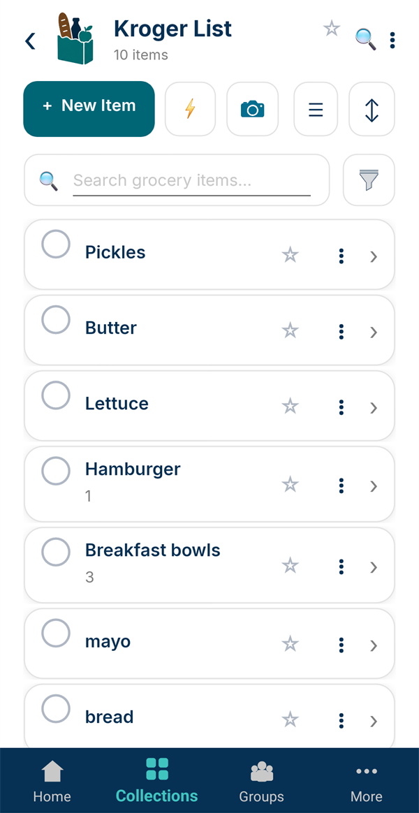 A Grocery List collection with tap-to-check items
