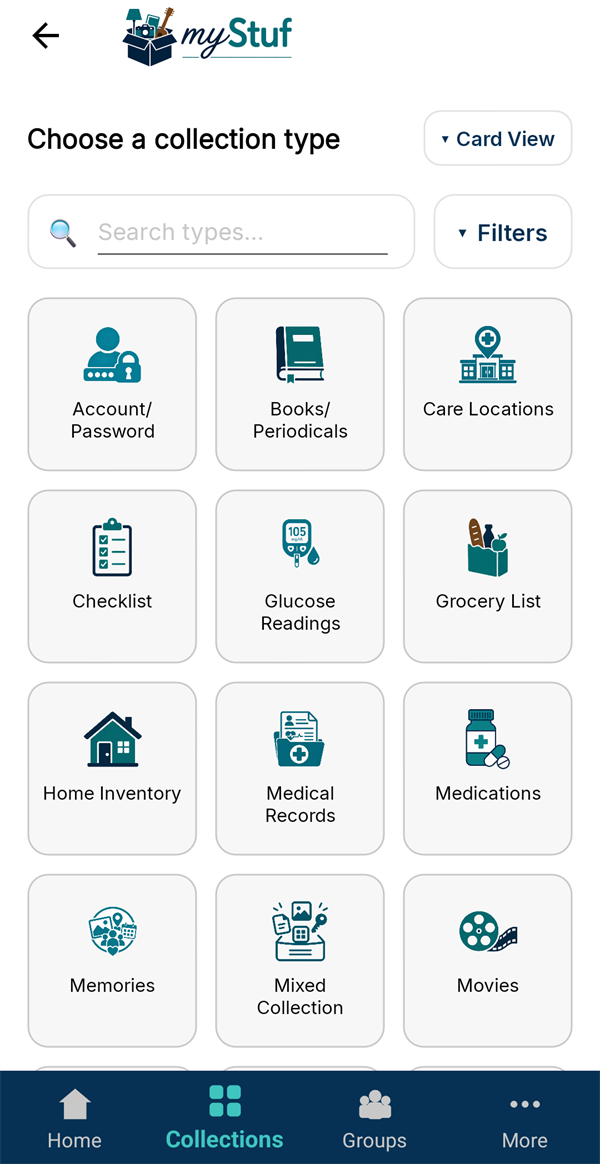 Choosing a collection type in myStuf: Account/Password, Books, Care Locations, Checklist, Glucose Readings, Grocery List and more
