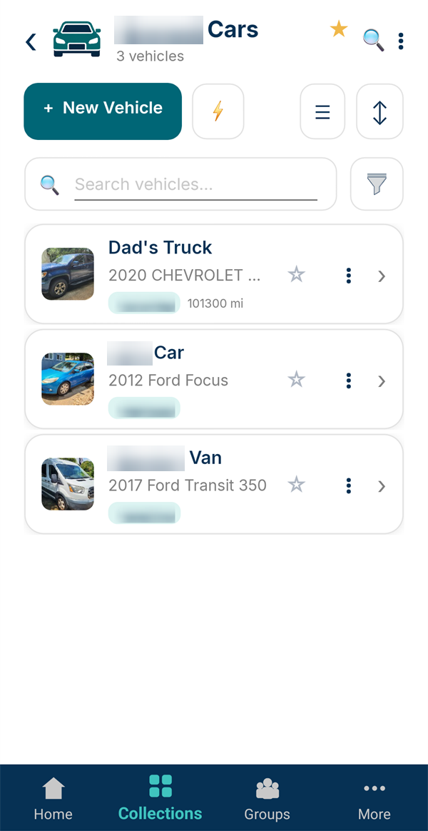 A Vehicle collection with photos, year, make, model and mileage