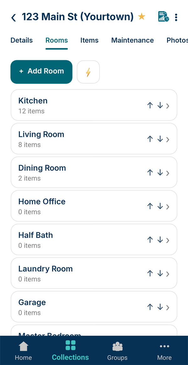 A Home Inventory collection organized by room