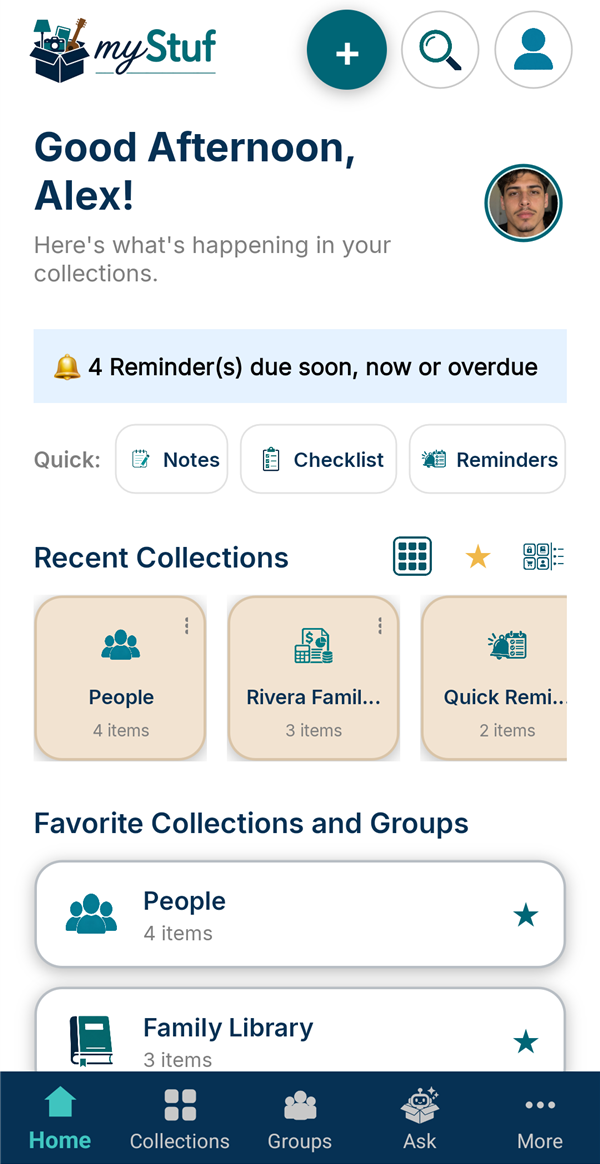 The myStuf home screen: a greeting with your photo, quick actions, recent collections and favorites
