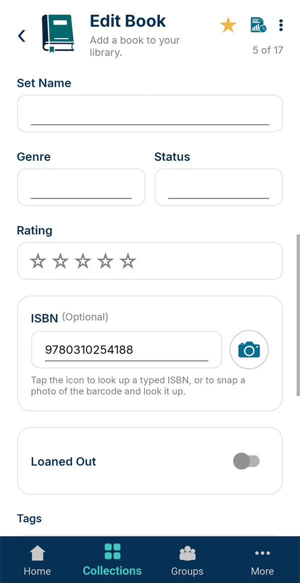 A book's ISBN field with a camera icon to snap the barcode and look it up