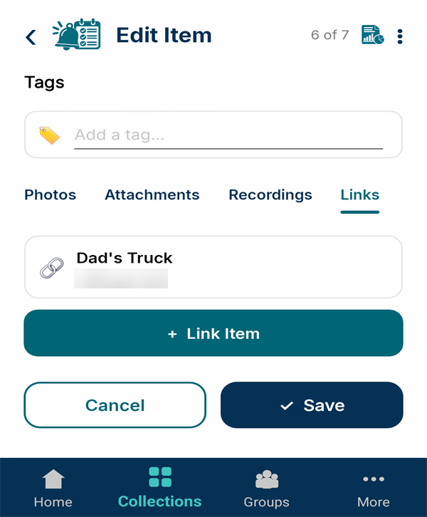 A reminder linked to a vehicle through the Links tab