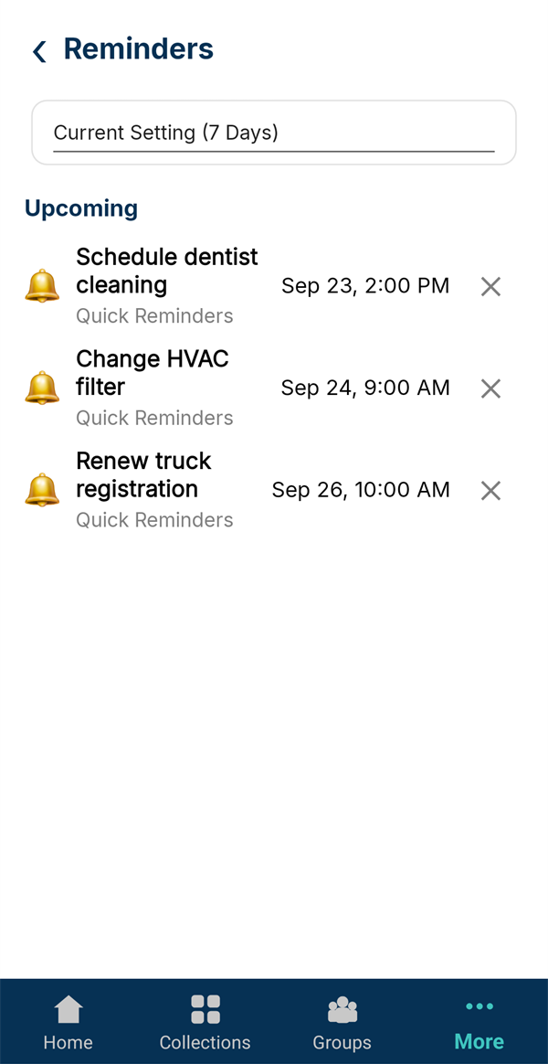 Upcoming reminders for the next 7 days: dentist cleaning, HVAC filter, truck registration