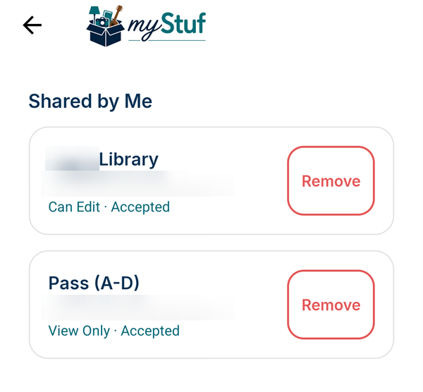 Shared by Me: two collections shared with another person, one Can Edit and one View Only, both accepted