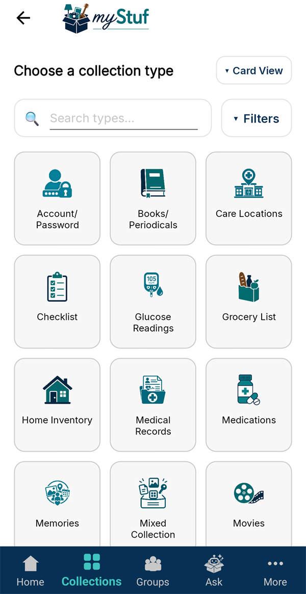 Choosing a collection type, with Books/Periodicals, Home Inventory, Medications and others