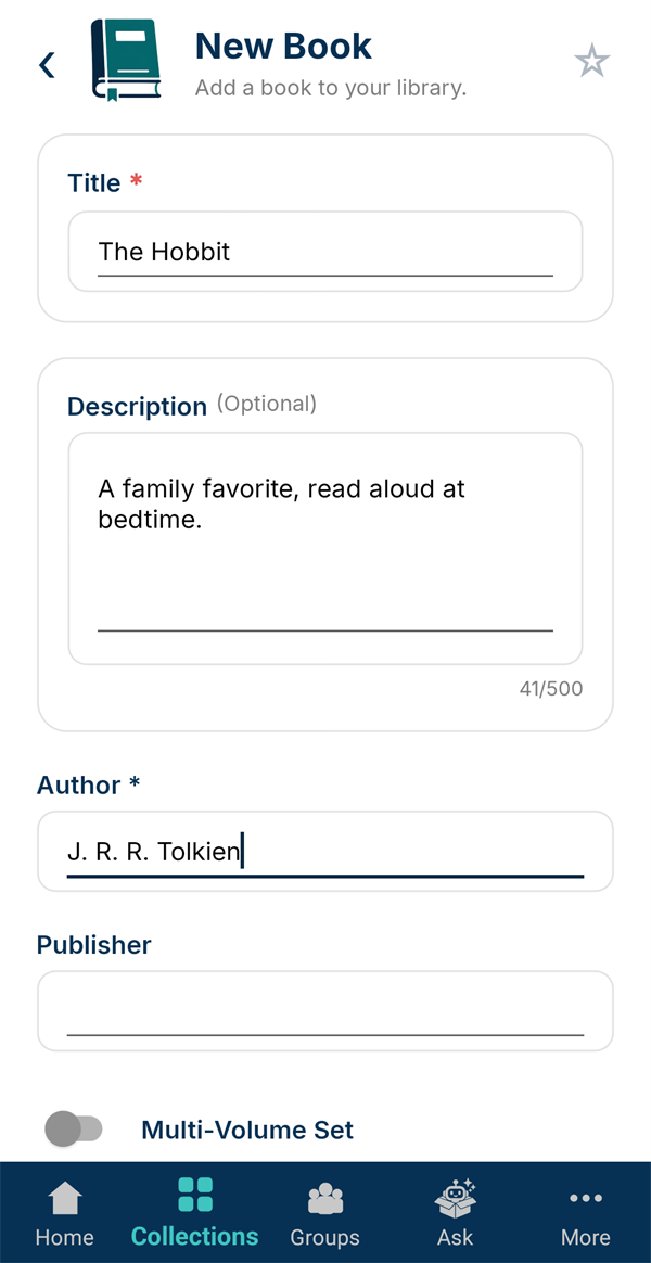 The New Book form with a title, description and author filled in