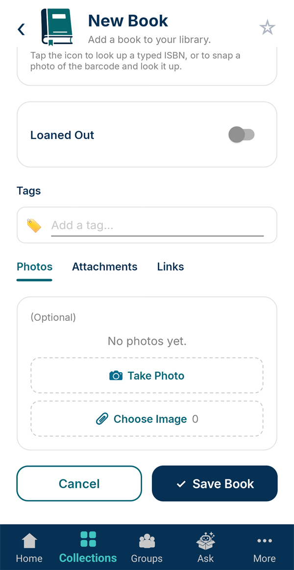 The Photos section with Take Photo and Choose Image, above the Save Book button