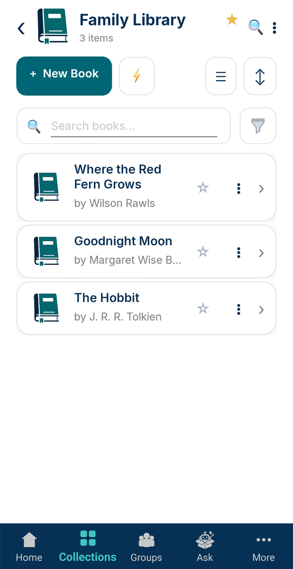 The Family Library collection with three books, starred as a favorite