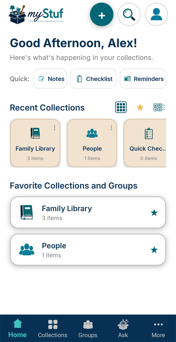 The Home screen showing Family Library under Recent and Favorite collections