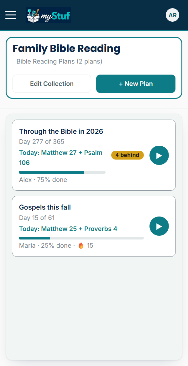Two plans: Through the Bible in 2026, day 277 of 365, 4 behind; and Gospels this fall, day 15 of 61, a 15-day streak