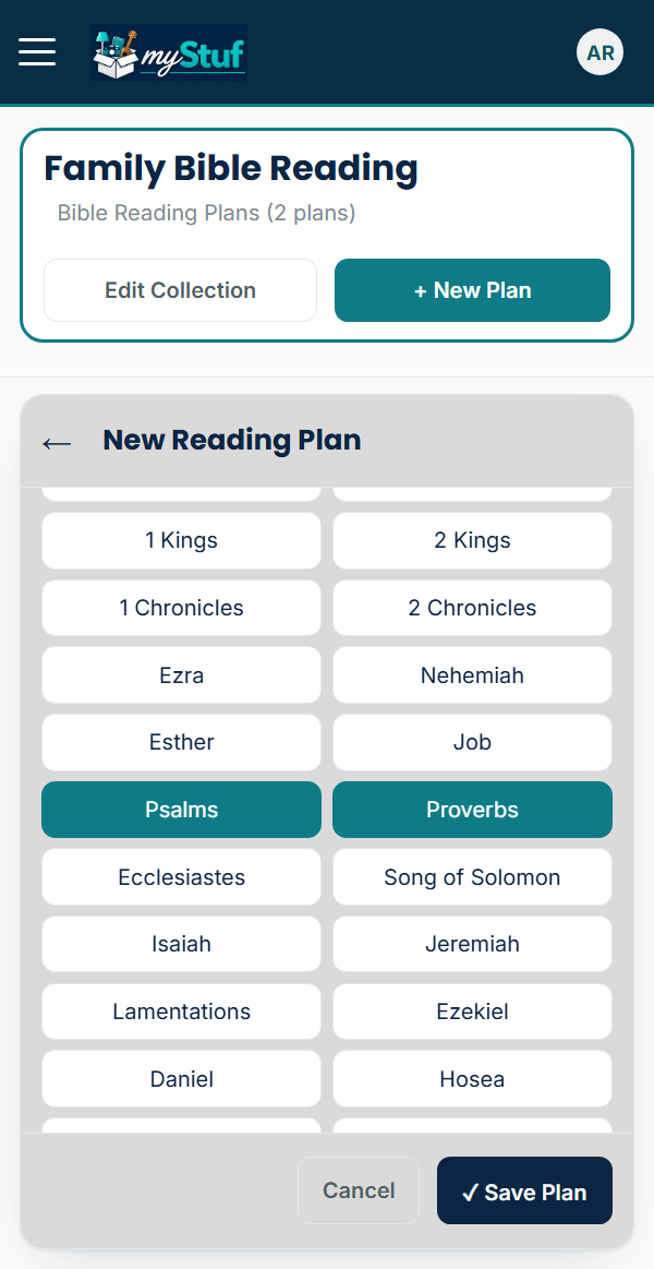 Choosing books: Psalms and Proverbs selected in the book grid