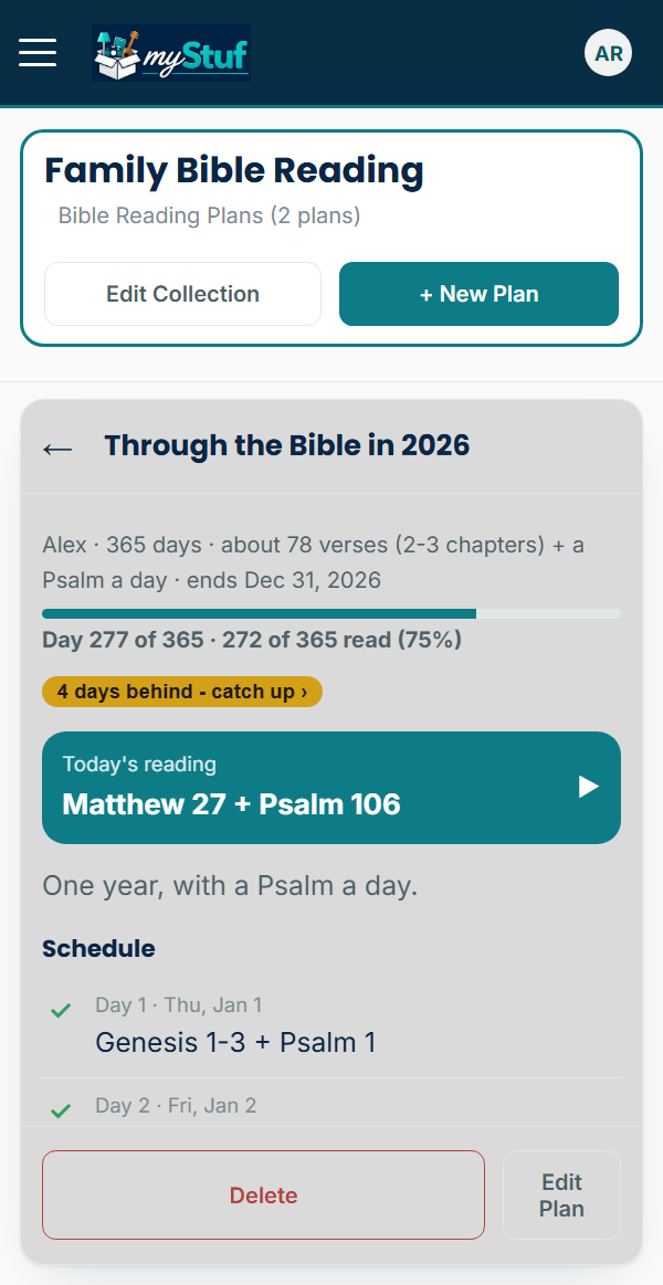 Through the Bible in 2026: 272 of 365 read, 4 days behind, today's reading Matthew 27 and Psalm 106, and the schedule