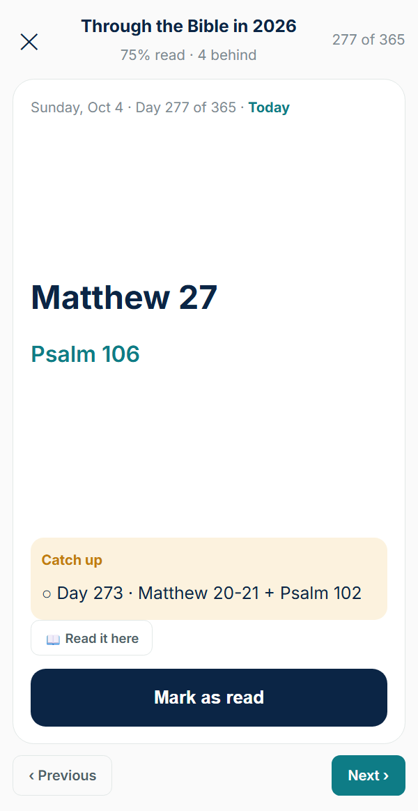 Today's card with a Catch up box: Day 273, Matthew 20-21 and Psalm 102