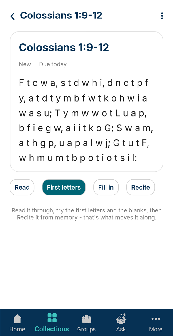 Practicing Colossians 1:9-12 with only the first letter of each word showing, and the Read, First letters, Fill in and Recite buttons