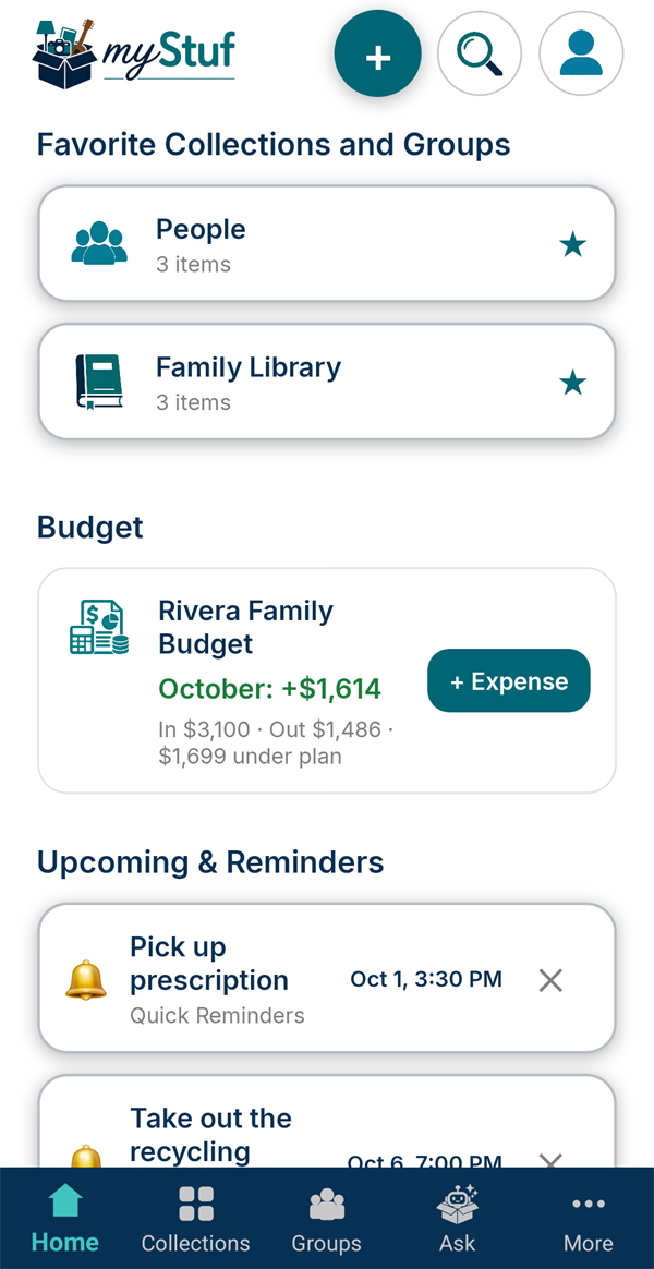 The Home screen's Budget card: October +$1,614, in $3,100, out $1,486, $1,699 under plan, with a + Expense button