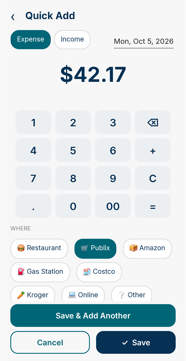 Quick Add with $42.17 typed and Publix chosen