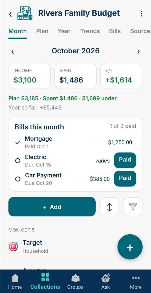 October: income $3,100, spent $1,486, +$1,614, $1,699 under plan, and the bills for the month
