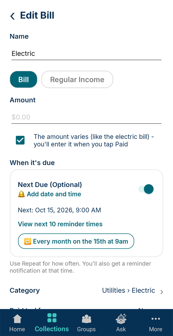 Editing the Electric bill: the amount varies, due every month on the 15th