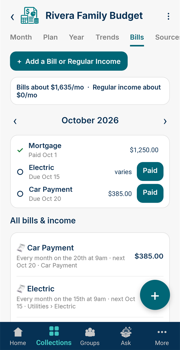 October's bills: Mortgage paid, Electric and Car Payment due with Paid buttons