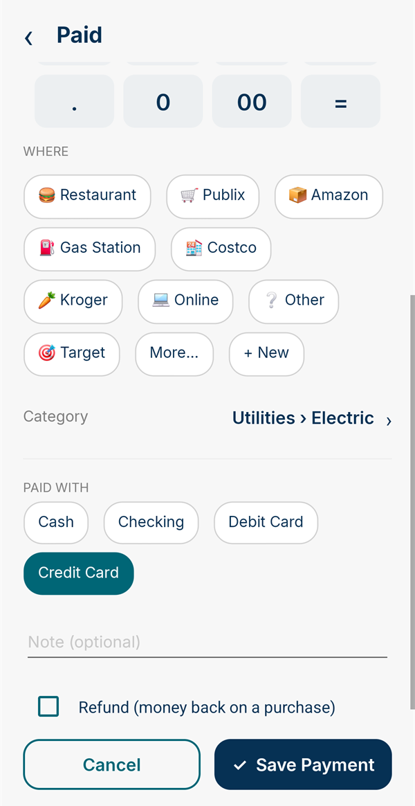 Paying the Electric bill: category Utilities, Electric, paid with Credit Card