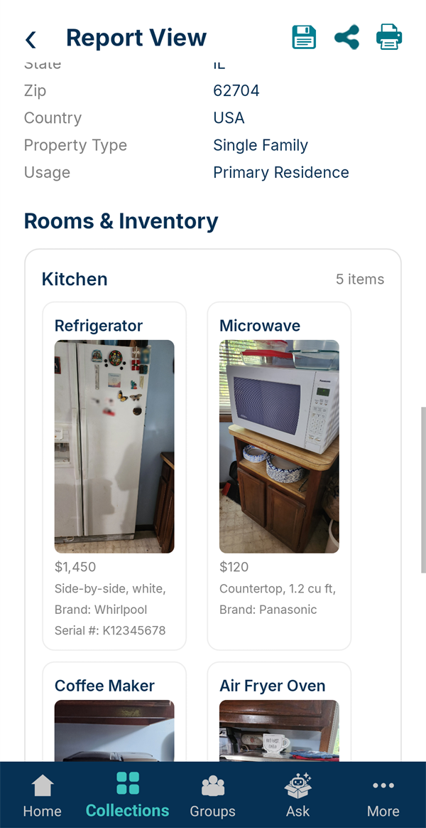 The inventory report showing kitchen items as photo cards with values