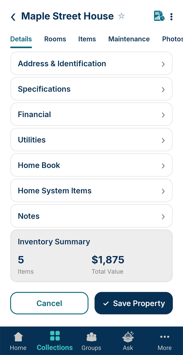 The Details tab with an inventory summary of 5 items worth $1,875