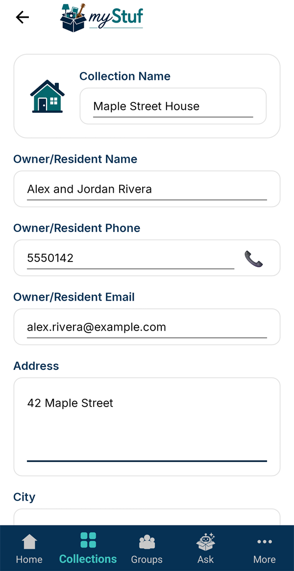 The new property form with name, owner, phone, email and address