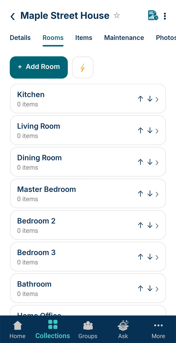 The Rooms tab listing Kitchen, Living Room, Dining Room and more