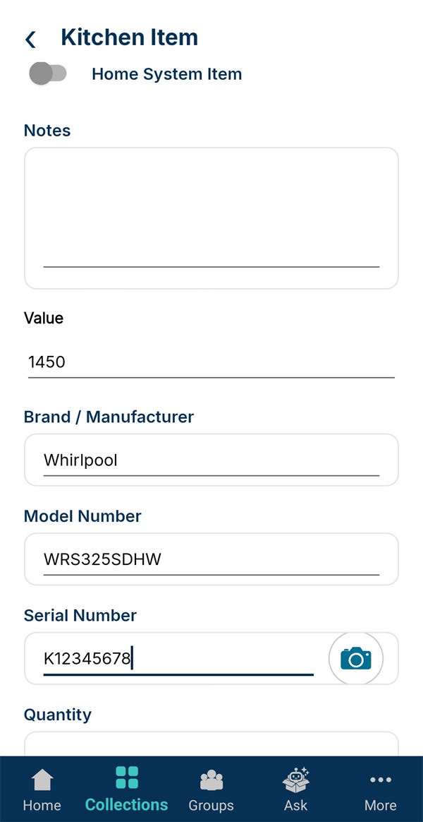 Value, brand, model and serial number fields filled in