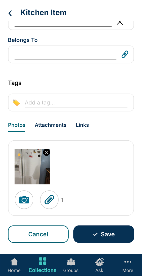 The Photos section with a refrigerator photo attached