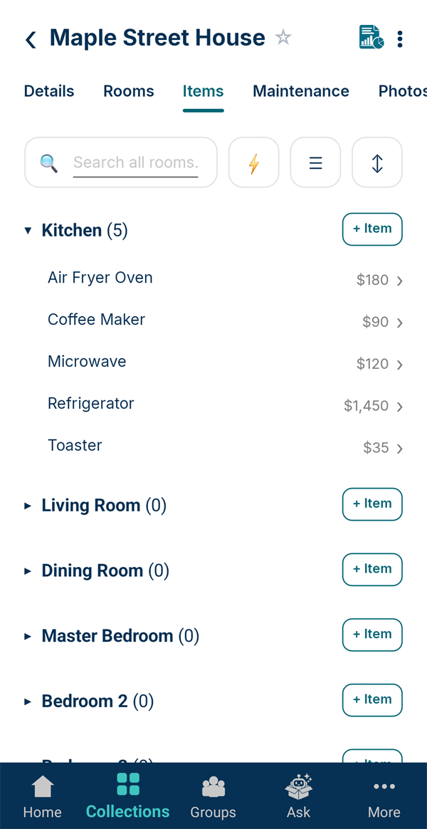 Kitchen with five items and their values