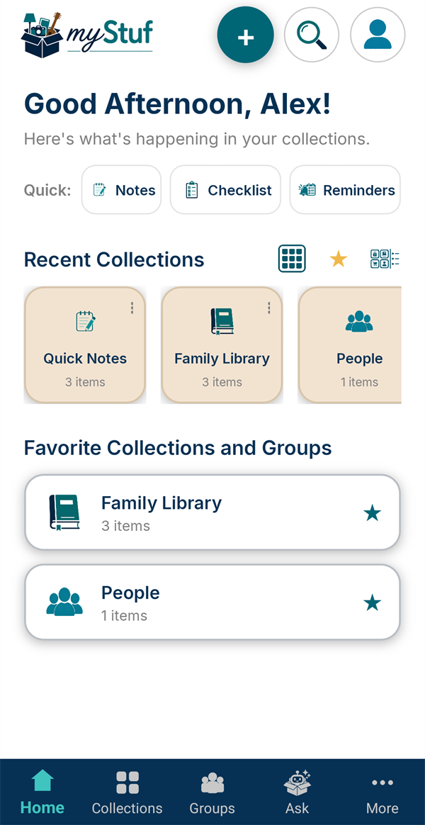 The Home screen with the Quick Notes, Checklist and Reminders buttons