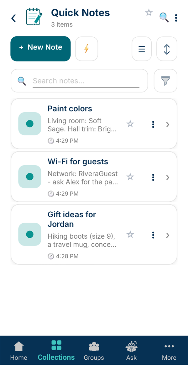 The Quick Notes list with three notes