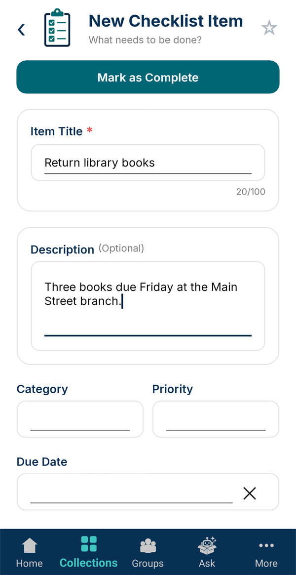 A new checklist item, Return library books