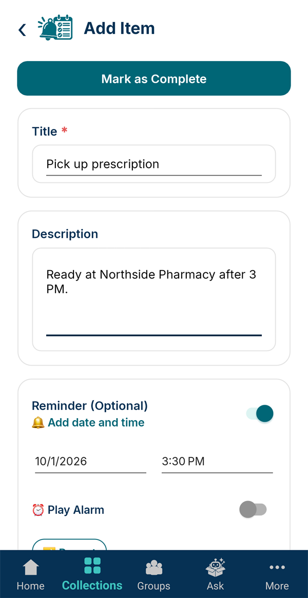A reminder to pick up a prescription, set for October 1 at 3:30 PM
