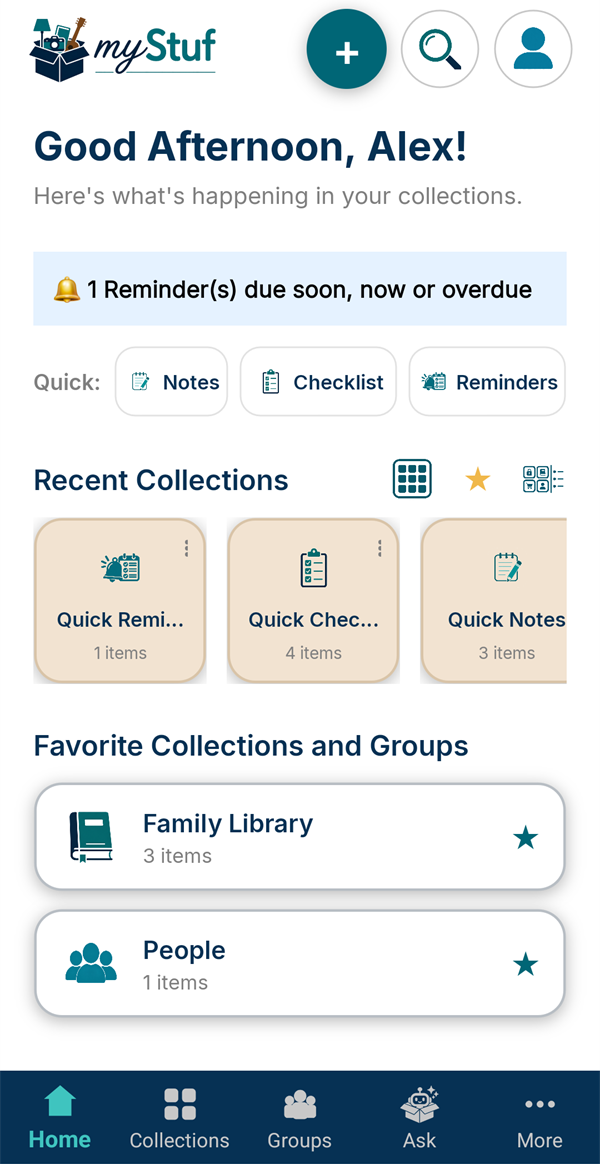 Home showing a reminder due-soon banner and the Quick collections under Recent