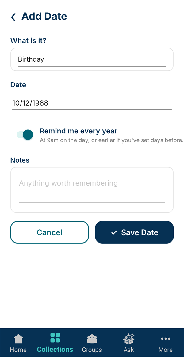 Adding a birthday with Remind me every year switched on