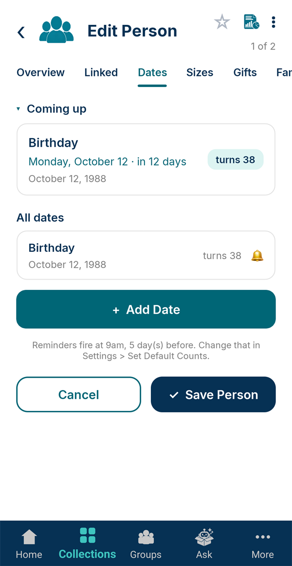 The Dates tab: birthday on Monday, October 12, in 12 days, turns 38