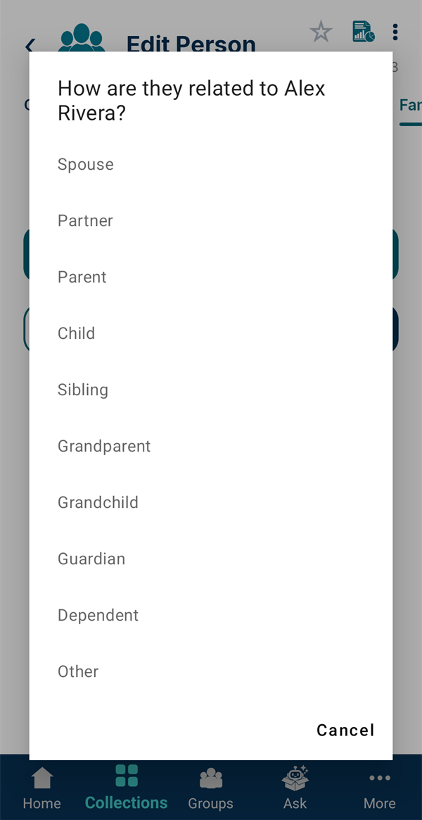 Choosing how a relative is related: Spouse, Partner, Parent, Child and more