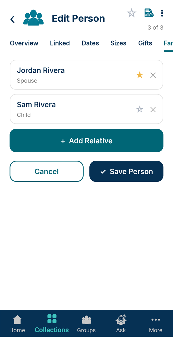 The Family tab with Jordan starred as an emergency contact