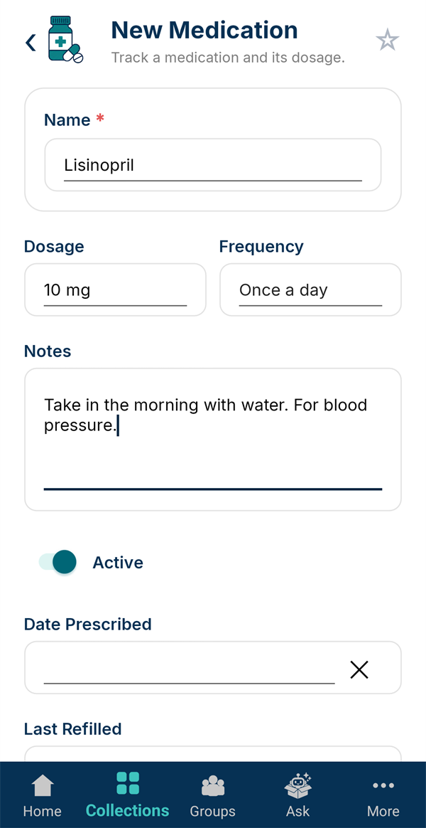 New medication: Lisinopril, 10 mg, once a day, with notes