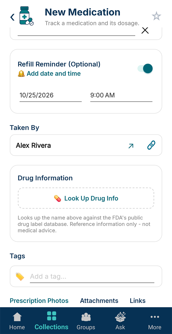 Refill reminder set for October 25 at 9 AM, Taken By Alex Rivera