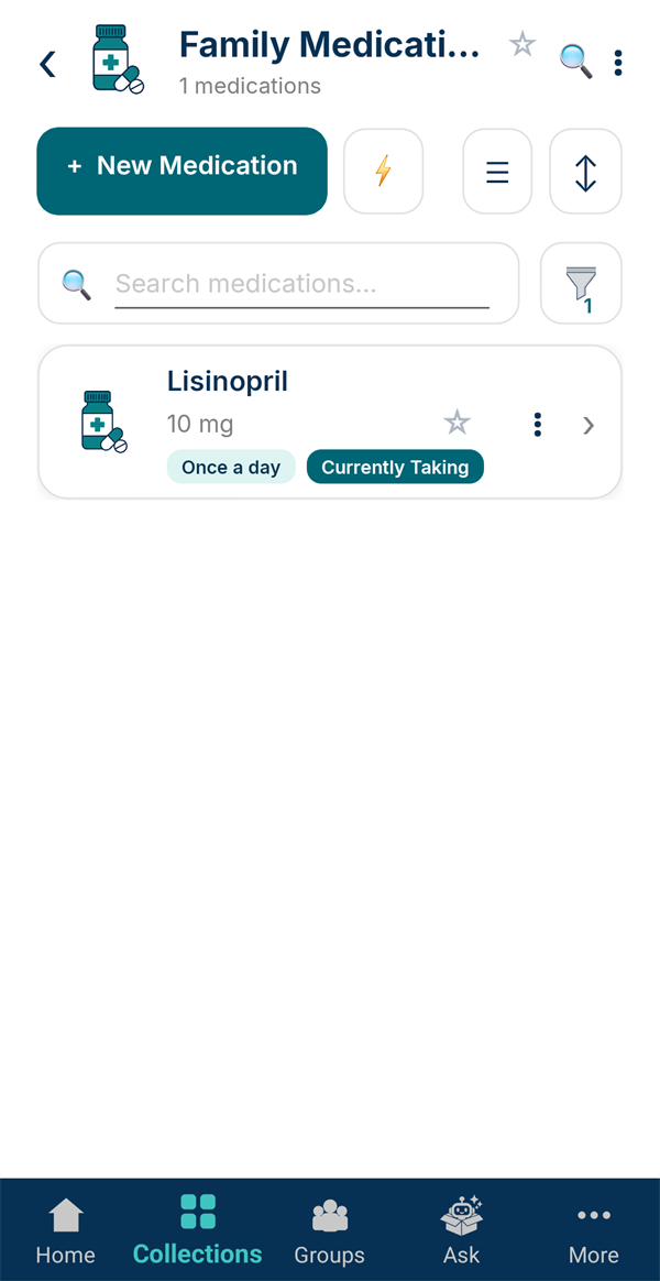 The medications list with Lisinopril marked Currently Taking