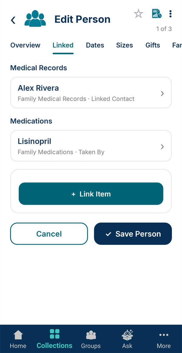 The person's Linked tab listing their medical record and Lisinopril, Taken By