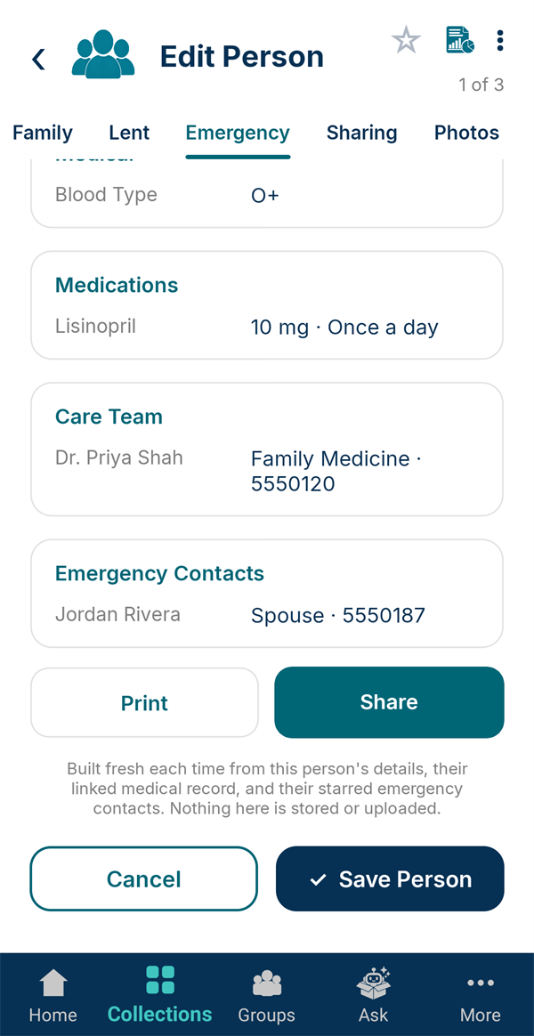 The emergency card showing blood type, Lisinopril 10 mg once a day, Dr. Priya Shah, and Jordan as emergency contact