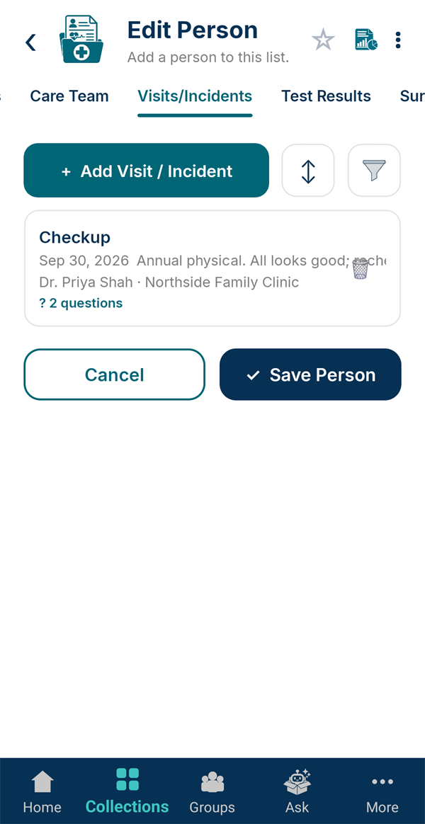 The visits list showing a checkup with Dr. Priya Shah at Northside Family Clinic