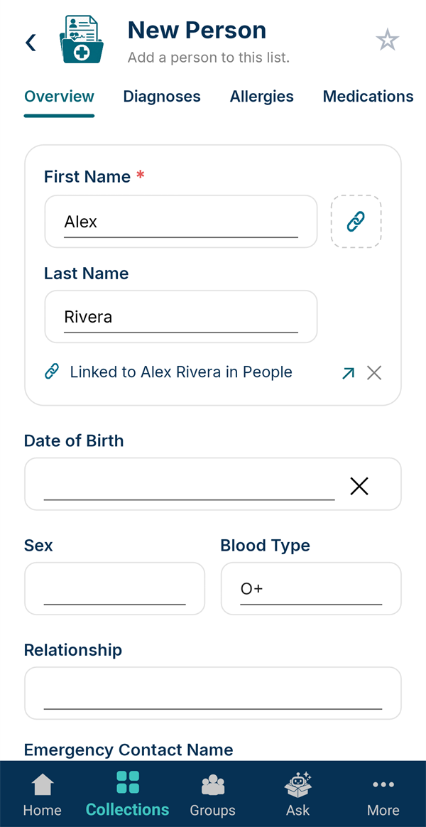 A new medical record linked to Alex Rivera in People, blood type O+
